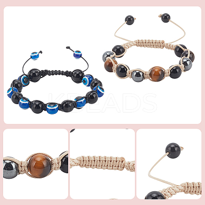 5Pcs 5 Styles Natural & Synthetic Mixed Gemstone Round & Evil Eye Braided Bead Bracelets Set BJEW-AN0001-54-1