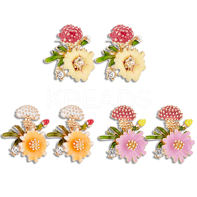 3 Pairs 3 Colors Enamel Flower with Mushroom Stud Earrings with Crystal Rhinestone EJEW-AN0003-07-1
