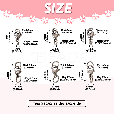 30Pcs 6 Styles 304 Stainless Steel Lobster Claw Clasps STAS-TA0001-83P-1