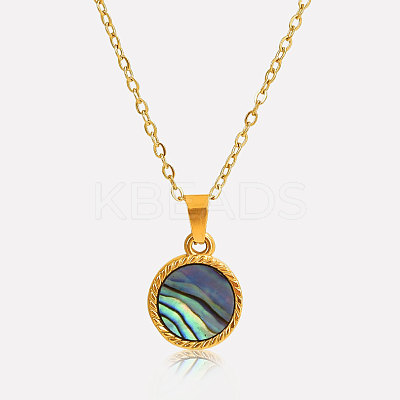 Stylish 304 Stainless Steel Pave Natural Paua Shell Flat Round Pendant Necklaces Simple Design Jewelry DP7329-3-1