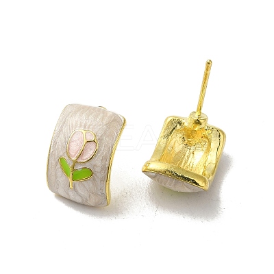 Flower Alloy Enamel Half Hoop Stud Earrings for Women EJEW-K282-01G-1