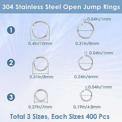 1200Pcs 3 Styles 304 Stainless Steel Open Jump Rings STAS-SP0001-67-1