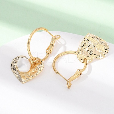 Heart Brass & Natural Pearl Hoop Earrings EJEW-Z159-03G-1