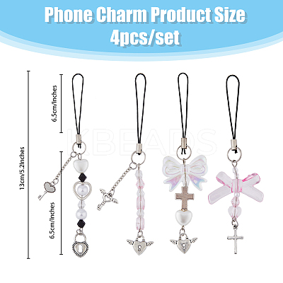 Acrylic Bowknot Heart Pearl Mobile Straps HJEW-PH01890-1