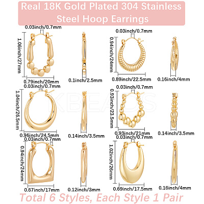 6 Pairs 6 Style304 Stainless Steel Hoop Earrings for Women EJEW-BBC0001-95-1