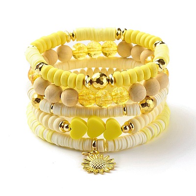 Wood & Stone & Polymer Clay Heishi Beads Stretch Bracelets Sets BJEW-SZ0002-15-1