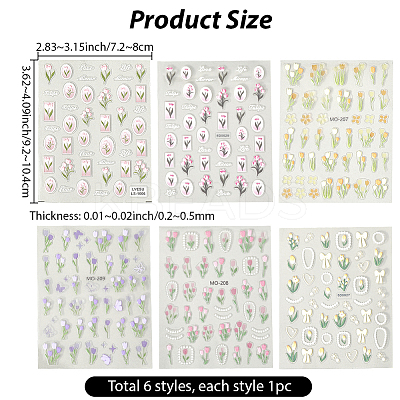 6 Sheets 6 Styles Tulip Pattern Self Adhesive PET Nail Art Stickers Decals MRMJ-SP0001-20-1