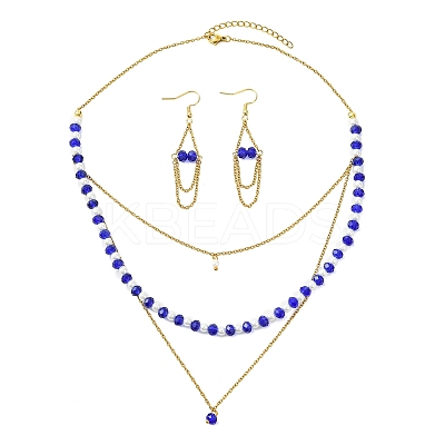 Rondelle 304 Stainless Steel & Glass Beaded Layered Necklace and Earring Set Set for Women SJEW-JS01384-01-1