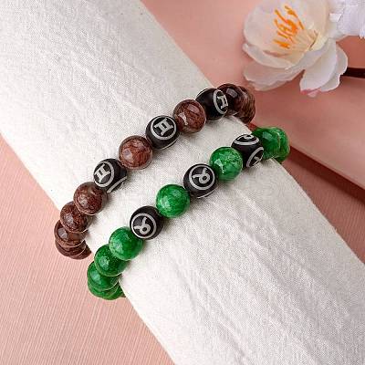 Green Natural Yellow Jade Round Beaded Stretch Bracelet BJEW-SW00077-10-1