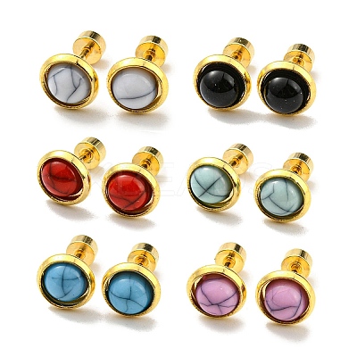 12 Pairs 6 Color Flat Round Resin Straight Barbell Stud Earrings AJEW-C032-01G-1