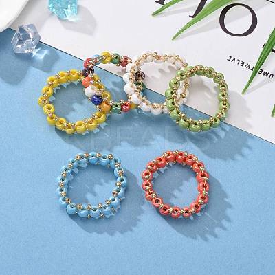 Round Glass Seed Beaded Finger Rings RJEW-JR00307-1