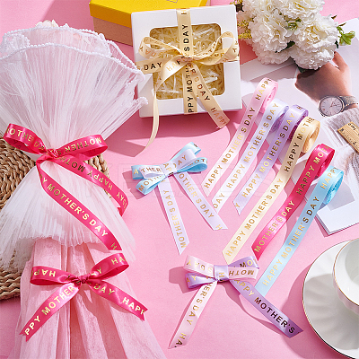 6 Rolls 6 Colors Gold Stamping Happy Mother's Day Polyester Printed Ribbons OCOR-PH0004-40-1