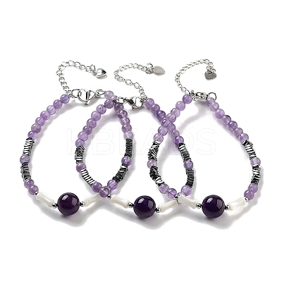 Natural Amethyst Round & Synthetic Non-magnetic Hematite & White Shell Beaded Bracelets for Women BJEW-K251-02F-1