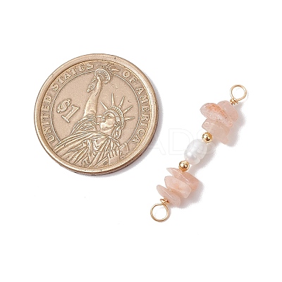 Natural Sunstone Chip & Natural Cultured Freshwater Pearl Rice Beaded Connector Charms PALLOY-JF03707-02-1