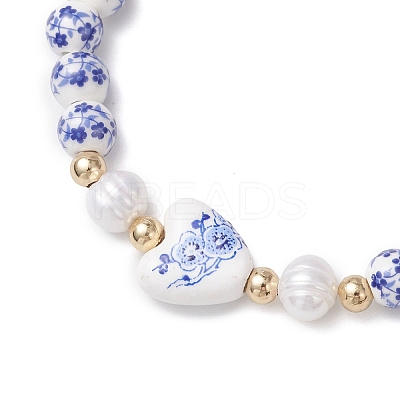 Handmade Flower Printed  Porcelain Ceramic & Natural Cultured Freshwater Pearl Beads Stretch Bracelets for Women BJEW-JB12877-1