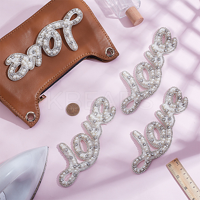 4Pcs Word Love Glass Crystal Rhinestone with Plastic Pearl Sew on Cloth Patches PATC-FG0003-51-1