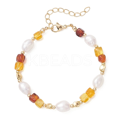 Natural Amber & Cultured Freshwater Pearl Beaded Bracelets for Women BJEW-JB13646-1