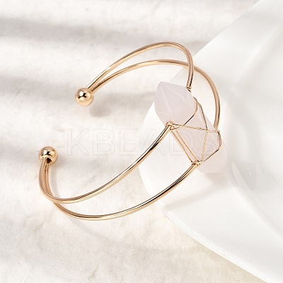 Brass Wire Wrapped Natural Rose Quartz Hexagon Point Cuff Bangles for Women BJEW-L719-01G-01-1