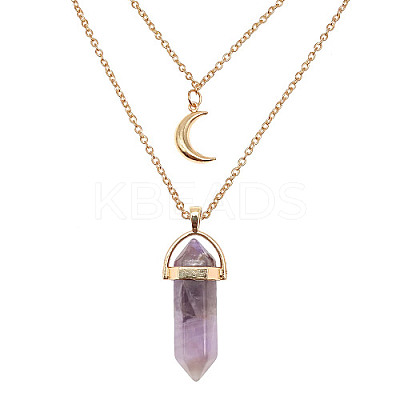 Natural Amethyst Cone Pendant Double Layer Necklace UX9990-21-1
