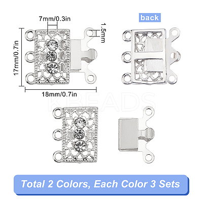 6 Sets 2 Colors 3-Strand 6-Hole Brass Filigree Box Clasps KK-SC0002-98-1