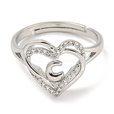 Heart with Letter Rack Plating Brass Micro Pave Clear Cubic Zirconia Adjustable Rings for Women RJEW-I105-01P-C-1