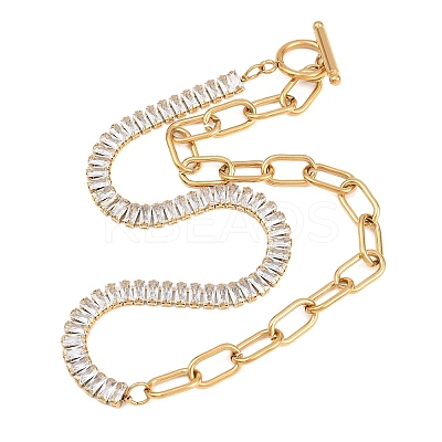 304 Stainless Steel Pave Clear Cubic Zirconia Tennis Chain Paperclip Chain Necklaces with OT Clasps NJEW-D326-02G-1