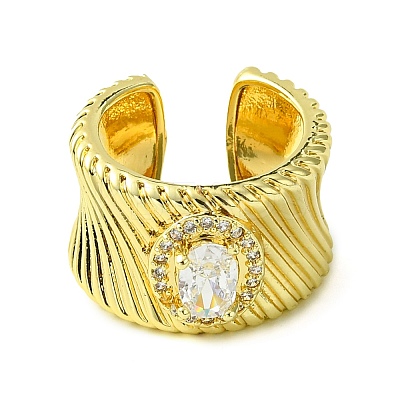 Brass Micro Pave Cubic Zirconia Oval Open Cuff Rings RJEW-K256-05G-1