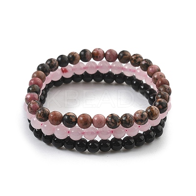3Pcs 3 Style Natural Rhodonite & Black Agate & Rose Quartz Round Beaded Stretch Bracelets Set PW23030761414-1