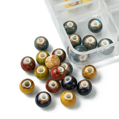 6 Colors Handmade Fancy Antique Glazed Porcelain Ceramic Round Beads PORC-FS0001-02-1