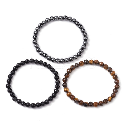 3Pcs 3 Style Natural & Synthetic Mixed Stone Round Beaded Stretch Bracelets BJEW-JB10178-02-1
