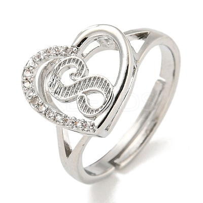 Heart with Letter Rack Plating Brass Micro Pave Cubic Zirconia Adjustable Rings for Women RJEW-I105-06P-S-1