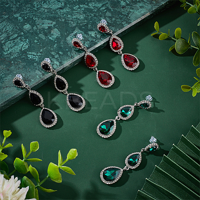 3 Pairs 3 Colors Glass Teardrop Dangle Stud Earrings with Rhinestone EJEW-AN0003-98-1