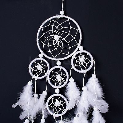 Native Style Five Rings Woven Net/Web with Feather Wall Hanging Decoration HJEW-A002-02-1