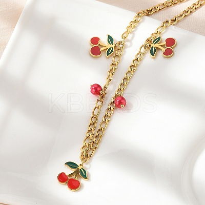 304 Stainless Steel Red Enamel Cherry and Round Plastic Pendant Necklaces for Women NJEW-M091-01G-1
