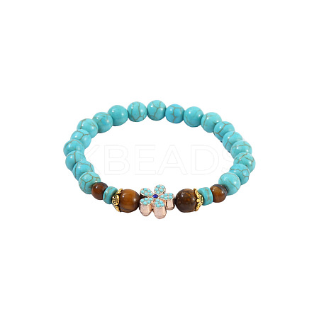 Synthetic Turquoise & Natural Tiger Eye Round Beaded Stretch Bracelets FS-WGB9D7B-09-1