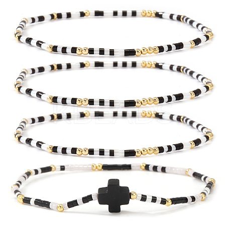 4Pcs Bohemian Summer Cross & Glass Seed Bead Beaded Stretch Bracelet Sets BE5944-7-1