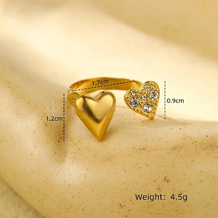 Heart 304 Stainless Steel Micro Pave Cubic Zirconia Open Cuff Rings RJEW-S415-01G-01-1