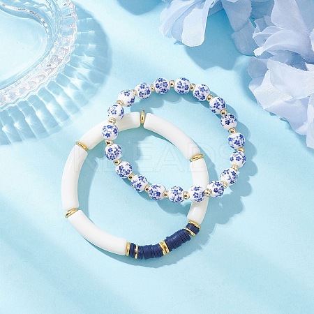 2Pcs 2 Styles Handmade Flower Porcelain Ceramic Round Beads Stretch Bracelets & Polymer Clay Heishi Beads Stretch Bracelets BJEW-JB12071-1