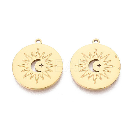 304 Stainless Steel Flat Round with Moon & Sun Pendants STAS-T073-06G-1