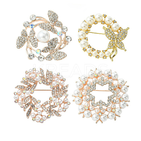 4Pcs 4 Styles Flower & Butterfly Plastic Imitation Pearl Beads Brooch JEWB-CJ0001-29-1