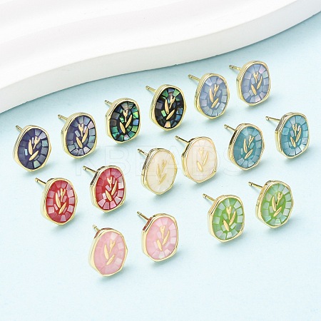 Brass Enamel Oval Stud Earrings EJEW-I322-04G-1