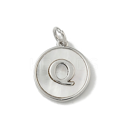 Brass Pave Natural Shell Flat Round with Letter Charms KK-Z115-13P-Q-1