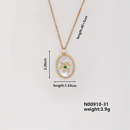 Elegant Vintage Brass Micro Pave Cubic Zirconia Oval with Flower Pendant Necklace for Women UW4443-3-1