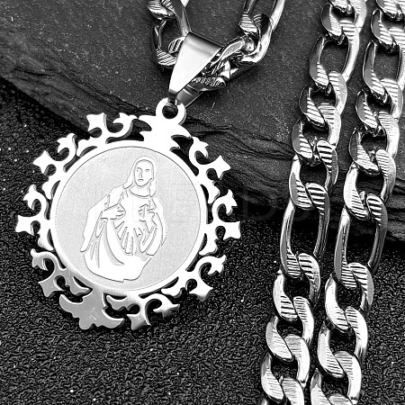 Flat Round with Virgin Pattern 201 Stainless Steel Pendant Necklaces for Men Women NJEW-K283-20P-1