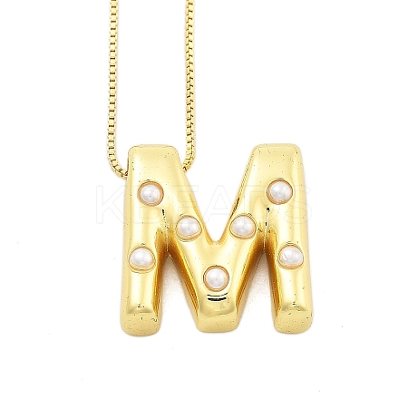 Brass & Plastic Pearl Letter Pendant Box Chain Necklaces for Women NJEW-U017-01G-13-1