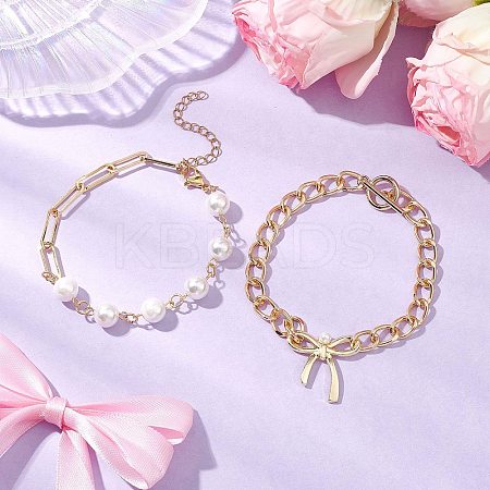 2Pcs 2 Styles Bowknot Aluminium Twisted Curb Chains Bracelet & Brass Paperclip & Shell Pearl Chains Bracelet Set for Women BJEW-JB11601-1