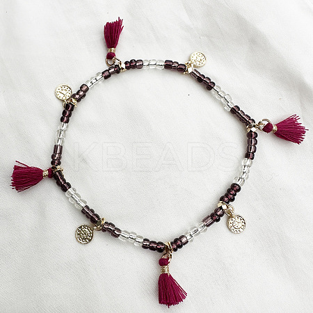 Bohemian Style Alloy Coin Charm Tassel Plastic Seed Beaded Stretch Anklets FS-WGB8A48-09-1
