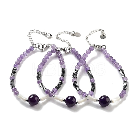 Natural Amethyst Round & Synthetic Non-magnetic Hematite & White Shell Beaded Bracelets for Women BJEW-K251-02F-1