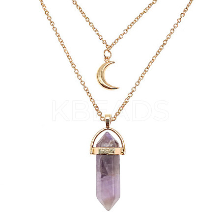 Natural Amethyst Cone Pendant Double Layer Necklace UX9990-21-1