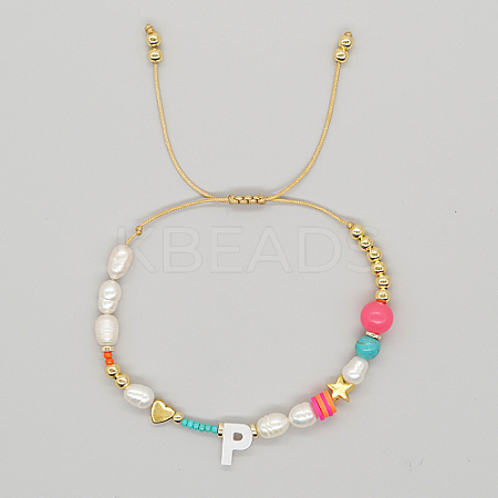 Initial Letter Natural Pearl Braided Bead Bracelet LO8834-16-1